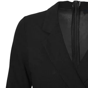 Gros plan sur les détails d'une robe de bureau noire ajustée avec col à revers classique