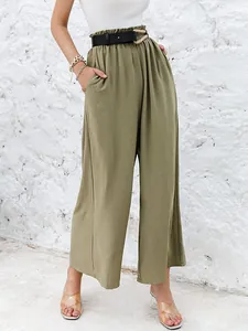 Casual high-waisted olive green wide-leg trousers in breathable cotton linen fabric