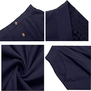 Details von marineblauem Rock mit hoher Taille: Knöpfe, elastischer Bund, Stoffstruktur, Taschen.