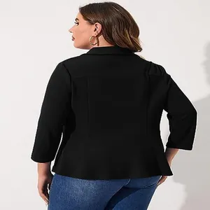 Detailed back view of a black plus size casual peplum blazer with a ruffled hem design