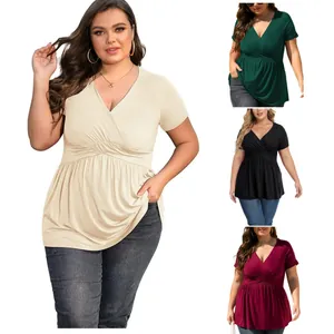 Women's Plus Size Polyester V Neck Ruched T-Shirt Casual Short Sleeve Peplum Top Solid Color Commuter Blouse For Summer