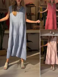 Abito lungo a balze senza maniche in cotone e lino disponibile in vari colori per donna