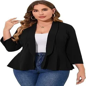 Detailed view of women's black plus size ruffled blazer featuring lightweight fabric