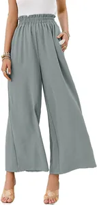 Close-up of high-waisted wide-leg trousers with textured linen-cotton fabric