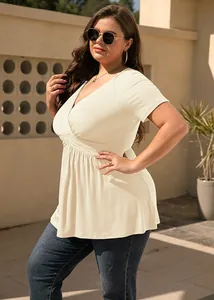 Elegant women's plus size V-neck short sleeve cream T-shirt for casual summer wear
