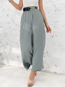 Detail view of breathable cotton linen high-waist wide-leg pants in elegant soft gray blue