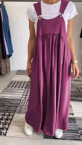 Detailed view of women's purple cotton linen strap maxi dress with metal buckles