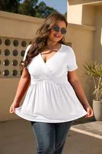 Plus size white V-neck peplum top with short sleeves and flattering crossover waist