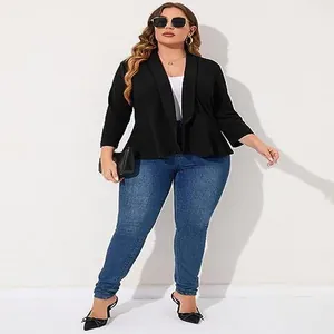 Stylish black plus size casual blazer for women featuring a elegant ruffle hem design