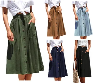 Jupe Midi Taille Haute En Ligne A Pour Femmes Avec Boutons Devant Poches Décontracté Mélange Polyester Rayonne Mode Rétro