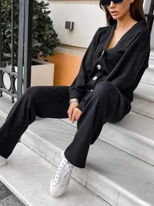 Elegant two-piece black casual tracksuit set featuring a knit cardigan and wide-leg trousers