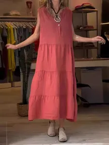 Modisches ärmelloses gestuftes Baumwoll-Leinen-Maxikleid in Korallrosa für Damen