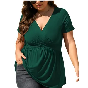 Stylish plus size women's dark green V-neck short sleeve tunic top with pleated waist