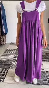 Women's elegant purple cotton-linen overalls maxi dress with adjustable metal straps