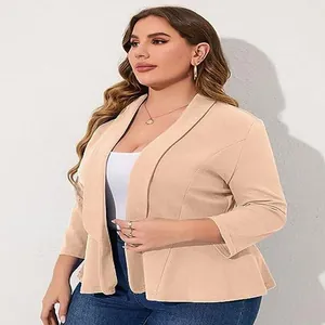 Detail of plus size ruffled blazer showing a lightweight and stylish peplum hem design
