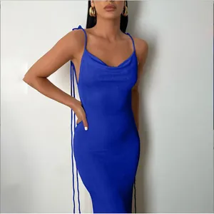 Sexy royal blue backless maxi dress featuring a cowl neck and side tie drawstring straps