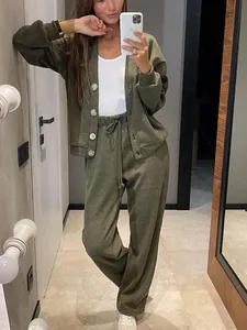 Stylish dark olive green women's casual lounge set with button cardigan and pants.