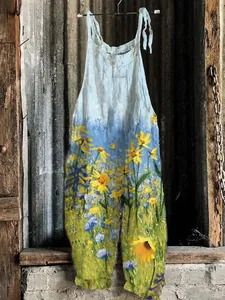 Artistic floral print vintage wide-leg jumpsuit for women featuring sunflower pattern