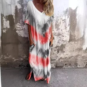 Abito lungo estivo tie-dye con scollo a V, vestibilità ampia e spacco laterale