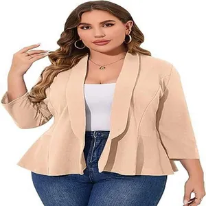 Detail view of lightweight plus size casual blazer with an elegant ruffle peplum hem