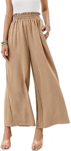 Women's high waist wide leg cotton linen pants in khaki with a ruffled waistband.