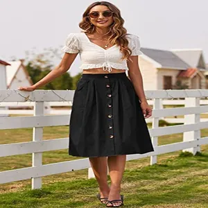 Jupe midi décontractée noire à taille haute pour femme avec détails boutonnés sur le devant