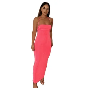 Elegant neon pink halter neck backless bodycon maxi dress for chic summer fashion events.