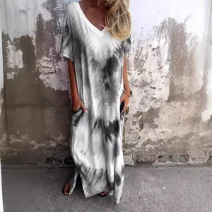 Abito lungo da donna casual con scollo a V, maniche corte, tie-dye e spacco laterale