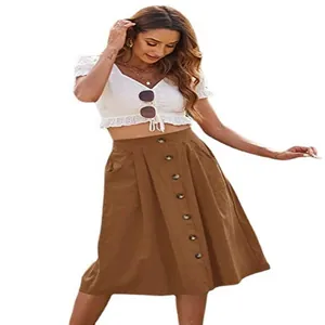 Élégante jupe mi-longue évasée décontractée pour femmes avec boutons marron chic