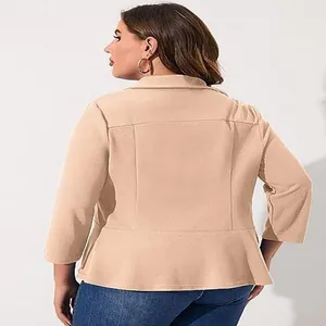Back view detail of women's plus size light beige blazer with ruffle peplum hem