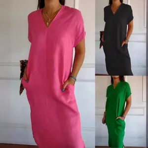 Women's Retro Cotton Linen V-Neck Short Sleeve Dress Casual Loose Midi Dress With Side Slit And Pockets For Summer Vacation