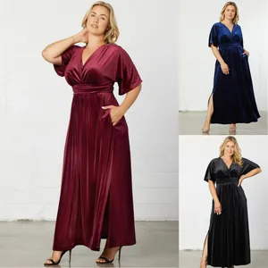 Women's Plus Size Ruched V-Neck Short Sleeve Maxi Dress Elegant Solid Color Velvet Party Gown Formal Evening Dress