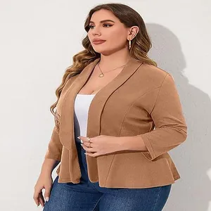 Elegant plus-size camel blazer with stylish ruffle hem and lightweight casual fit for women