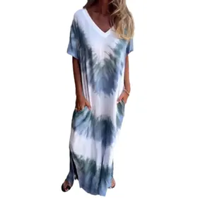 Abito lungo casual da donna con scollo a V, stampa tie-dye e tasche laterali