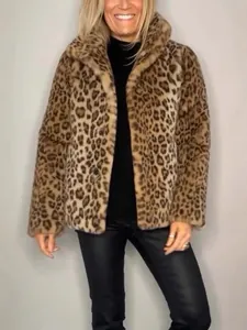 Abrigo de Piel Sintética con Estampado de Leopardo para Mujer Moda Solapa Manga Larga Chaqueta de Invierno Casual