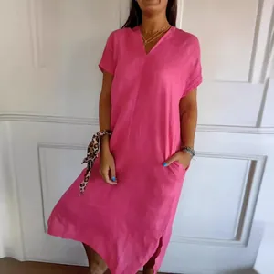 Vibrant hot pink V-neck cotton linen midi dress with side slits and pockets for women