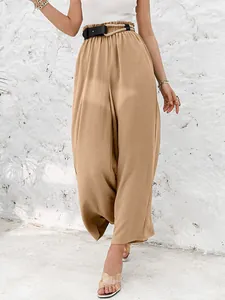 Stylish high waist wide leg pants in khaki cotton linen fabric for summer casual wear