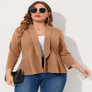 Stylish plus size lightweight casual camel blazer for women with elegant peplum hem detail