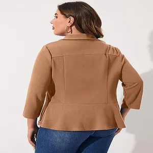 Detailed back view of a women's plus-size tan casual lightweight ruffle peplum blazer