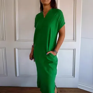 Green cotton linen V-neck short sleeve loose maxi dress with side slits and pockets