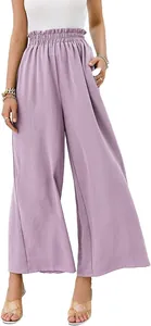 Detail of lavender high-waist wide-leg pants with elastic paperbag waist and side pockets.
