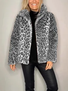 Elegante abrigo de piel sintética con estampado de leopardo gris y solapa para mujer