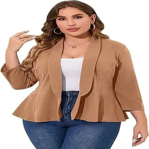 Close-up of lightweight plus size peplum blazer with ruffle hem and 3/4 sleeves