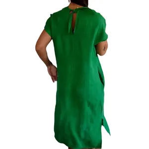 Casual green cotton linen midi dress with back tie and side slit for women