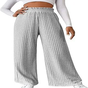Women's casual high-waisted wide-leg trousers with ribbed knit texture in light gray