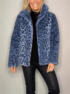 Chaqueta de piel sintética con estampado de leopardo azul para mujer abrigo invierno