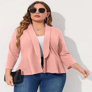 Front view of a light pink plus size peplum blazer for women featuring a shawl collar