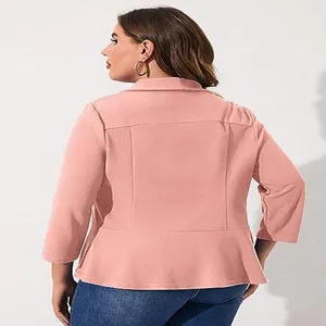 Rear view of a pink plus-size peplum hem casual blazer with 3/4 sleeves