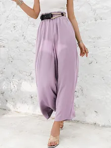 Lavender high-waisted wide-leg trousers with elasticated ruffle waist and decorative belt