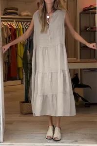 Elegantes ärmelloses Damen-Midi-Kleid aus Baumwollleinen in Hellgrau, Variantenansicht